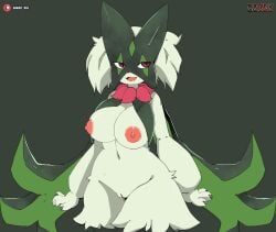 3_fingers anthro areola biped breasts female fingers fur generation_9_pokemon genitals green_background green_body green_fur hi_res meowscarada navel nintendo nipples open_mouth pokemon pokemon_(species) pokemon_sv pussy red_eyes sarox simple_background solo