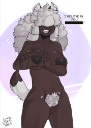 anthro big_breasts boob_heart bovid breasts brown_body brown_fur caprine deidra_(homosheep) dialogue female front_view fur genitals gesture hair hair_over_eyes hand_heart heart hi_res looking_at_viewer mammal nipples nude open_mouth oppai_heart pubes pussy sheep sheepsause solo standing white_hair