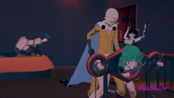 1boy 3d 3girls ambiguous_penetration bald black_hair bondage breasts cape dildo esper_sisters female fubuki_(one-punch_man) green_hair lin_lin_(one-punch_man) lingerie male multiple_girls one-punch_man orgy saitama superhero_costume tatsumaki violetrose34 yellow_bodysuit