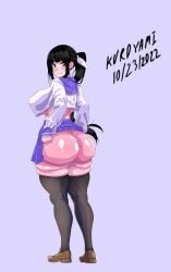 1girls ass big_ass black_hair clothed clothed_female de_kurayami female female_only full_body long_hair original original_character ponytail redraw skirt skirt_lift smile solo solo_female thighhighs upskirt