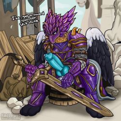 absurd_res animal_genitalia animal_penis anthro armor avian canine_genitalia canine_penis fallflys for_honor_(game) genitals gryphon hi_res male melee_weapon mythological_avian mythology penis sitting solo sword weapon wings winter_(glacial_gryphon)