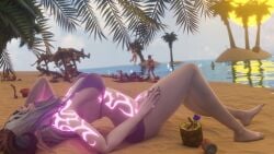 2023 3d beach bikini blindfold demon_hunter demon_hunter_(warcraft) elf elf_ears female glowing_tattoo horns morilymory night_elf pointy_ears tattoo white_hair world_of_warcraft