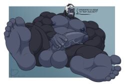 anthro bara barazoku bayron_(artist) big_balls big_penis black_fur boner erection feet furry gorilla haplorhine huge_cock male male_only monkey monkey_boy muscles muscular nude overwatch primate solo solo_male speech_bubble spread_legs winston_(overwatch)