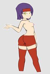 1girls alternate_hairstyle alternate_version_available ass bare_thighs big_ass breasts female female_only fire_emblem fire_emblem:_radiant_dawn gesture gold_kott looking_at_viewer looking_back nintendo nipples pointing purple_hair sanaki_kirsch_altina short_hair shorts small_breasts smile solo thighhighs thighs topless yellow_eyes