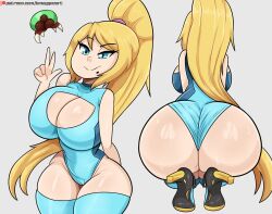 1girls ass beauty_mark big_ass big_breasts bimbo blonde_hair blue_eyes bmayneart breasts bubble_butt cleavage clothing crouching dat_ass dumptruck_ass fat_ass female female_only heels huge_ass huge_breasts large_ass leotard light-skinned_female looking_at_viewer metroid nintendo samus_aran shoes solo squatting sweat thick_ass thick_thighs thighhighs v_sign wide_hips zero_suit zero_suit_samus