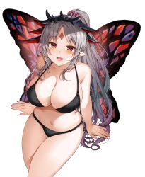 1girls alternate_costume alternate_version_available bare_midriff bare_thighs bikini black_bikini black_swimsuit breasts commission fairy fairy_wings female female_only fire_emblem fire_emblem_heroes grey_hair hair_vines large_breasts looking_at_viewer looking_up midriff nintendo open_mouth plumeria_(fire_emblem) pointy_ears red_eyes skeb_commission swimsuit thick_thighs thighs white_background wings yam_(yamap_mako)