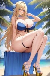 1girls ai_generated beach beach_towel blue_bikini blue_bra blue_eyes blue_panties breasts curvy_hair female hi_res high_heels huge_breasts large_breasts long_hair looking_at_viewer massive_breasts open_toe_shoes original original_character platform_heels stable_diffusion thick_thighs thighs wide_hips wide_thighs