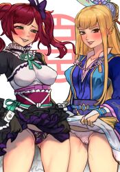 2girls ass ass_visible_through_thighs bangs black_gloves blonde_hair blue_kimono blunt_bangs blush braid breasts brown_eyes cameltoe chacha collar collarbone collared_dress eyebrows eyelashes flashing frilled_dress frilled_shirt_collar frilled_skirt frills gloves gothic gracia_akechi_hosokawa green_eyes grin hair_bun hair_ornament hair_ribbon hosokawa_gracia inviting japanese_clothes kimono kimono_skirt lace-trimmed_panties lace_trim large_breasts legs lifting_skirt lingerie lips lipstick long_bangs long_hair long_sleeves looking_at_viewer makeup medium_hair multiple_girls necklace obi panties pantyshot ponytail purple_panties pussy_juice pussy_juice_drip pussy_juice_stain pussy_juice_trail r123 red_hair ring sengoku_musou skirt skirt_lift smile swept_bangs teasing teeth thighs thong thong_panties tight_clothes twintails underwear wet wet_clothes wet_panties wet_pussy white_background white_panties wrist_cuffs