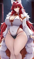 4k ai_generated anime_art bikini cinematic_lighting curvy female high_quality long_red_hair slim_waist stable_diffusion thick_thighs white_fur wide_hips wolf