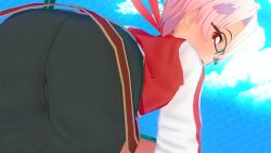 1boy 1chi ass ass_focus bent_over big_ass blush butt clothed clothing gay glasses hair_over_one_eye ichi_ken jacket koikatsu looking_at_viewer looking_back lunime male_only open_mouth outdoors outside pants red_eyes scarf solo suggestive sweat tan_body white_hair yaoi