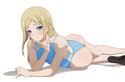 1girls accurate_art_style aqua_swimsuit ass bare_ass bare_shoulders big_ass black_high_heels blonde_hair blue_eyes blush competition_swimsuit coro_fae embarrassed eyelashes female female_only finger_on_chin fully_clothed hayasaka_ai high_heels highres kaguya-sama_wa_kokurasetai_~tensai-tachi_no_renai_zunousen~ legs light-skinned_female long_hair looking_at_viewer looking_back lying nervous official_style one-piece_swimsuit seductive shoes shy solo swimsuit white_background