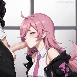 ai_generated battle_academia_katarina battle_academia_series blowjob blowjob_face closed_eyes female jacket katarina_du_couteau league_of_legends male penis pink_hair scar shirt sucking sucking_penis tie white_shirt