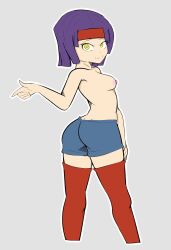 1girls alternate_hairstyle alternate_version_available ass bare_thighs big_ass breasts female female_only fire_emblem fire_emblem:_radiant_dawn gesture gold_kott looking_at_viewer looking_back nintendo nipples pointing purple_hair sanaki_kirsch_altina short_hair shorts small_breasts smile solo thighhighs thighs topless yellow_eyes