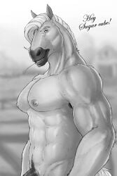 2023 anthro armpit_hair biceps body_hair deltoids dream_and_nightmare english_text equid equine genitals greeting greyscale hi_res horse male male_only mammal monochrome muscular muscular_male nude pecs penis penis_base pubes solo straw_in_mouth text