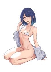 :d absurdres aqua_eyes arm_support bikini blue_hair bottomless breasts collarbone female full_body gradient_eyes gradient_hair halterneck hand_up highres kurokawa_akane medium_hair micro_bikini miuna_(498475051) multicolored_eyes multicolored_hair navel open_mouth oshi_no_ko purple_eyes seiza simple_background sitting small_breasts smile solo star-shaped_pupils star_(symbol) stomach string_bikini swimsuit symbol-shaped_pupils teeth v white_background white_bikini