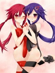 2girls artist_request ass blue_hair blush closed_mouth hairclip holding_hands kurome_ankokuboshi legs_up light-skinned_female looking_at_viewer neptunia_(series) one_eye_closed orange_eyes partially_clothed purple_eyes red_hair ribbon_clothes side_view smile teeth_showing twintails uzume_tennouboshi