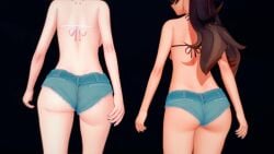 2girls 3d amber_(genshin_impact) animated ass big_ass big_butt bikini_top black_background black_bikini_top blue_hair blue_nail_polish blue_nails brown_hair denim denim_shorts ear_piercing earrings eula_(genshin_impact) female female_only genshin_impact hips large_ass large_breasts legs long_hair medium_breasts mp4 nail_polish nice_ass no_sound shiny_hair shiny_skin short_hair short_shorts shorts simple_background sirspy thighs tight_clothing tight_shorts video walk_cycle walking white_bikini_top