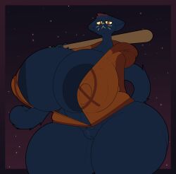 absurd_res anthro areola baseball_bat bat_(object) big_breasts blue_areola blue_body bottomless breasts clothed clothing domestic_cat felid feline felis female genitals hi_res holding_baseball_bat hoodie huge_breasts huge_hips huge_thighs looking_at_viewer mae_borowski mammal night_in_the_woods nipple_outline pussy red_eyes solo thenameisradio thick_thighs topwear whiskers wide_hips