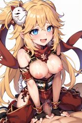 ai_generated blonde_hair blue_eyes blush breasts_out censored_penis cowgirl_position exposed_breasts ninja ninon_(princess_connect!) open_mouth princess_connect! princess_connect!_re:dive smile sweat