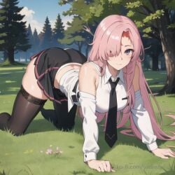 ai_generated all_fours battle_academia_katarina battle_academia_series black_skirt forest katarina_du_couteau league_of_legends looking_at_viewer pink_hair shirt skirt smile thick_thighs thighhighs tie white_shirt