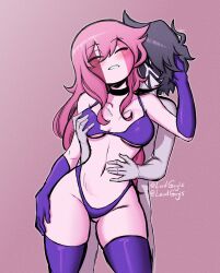 ^_^ blush choker commission curvy curvy_figure eyepatch face_obscured female fnf_mods friday_night_funkin grey_hair holding holding_breast holding_partner latex latex_bikini latex_gloves latex_thighhighs lewdguyis lingerie lordguyis mid_fight_masses pink_hair ruv_(dokki.doodlez) sarvente_(dokki.doodlez)