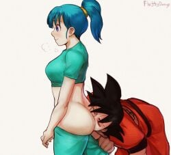 ass bulma bulma_(dragon_ball) bulma_briefs dragon_ball eating_pussy face_in_ass fluffydango licking_ass love lovers round_ass son_goku