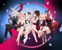 5girls 6+girls :d ahoge akumi animal_ear_fluff animal_ears armpits bangs bare_legs black_dress black_footwear black_gloves black_hair black_jacket black_legwear black_pants blonde_hair blue_eyes blush breasts bunny_ears card cat_ears catgirl cellphone cleavage crossed_legs cup dog_ears dog_girl dress drinking_glass dya_rikku_(vtuber) elbow_gloves eyebrows_visible_through_hair fang female formal fox_ears fox_girl fox_tail glasses gloves hair_between_eyes hair_ornament heterochromia high_heels jacket kneehighs large_breasts lipstick long_hair looking_at_viewer makeup mask medium_breasts mixed_hair_color momotexx_(vtuber) multicolored_hair multiple_girls necktie one_eye_closed oni oni_horns open_mouth pants phone pink_hair playing_card red-framed_eyewear red_eyes red_hair red_skin shirt shoes short_hair sitting sleeveless smile squchan_(vtuber) streaked_hair suit sweater tail twintails v very_long_hair virtual_youtuber vyugen white_footwear white_hair wine_glass yellow_eyes yenko yuniiho_(character)