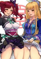 2girls ass ass_visible_through_thighs bangs black_gloves blonde_hair blue_kimono blunt_bangs blush braid breasts brown_eyes cameltoe chacha collar collarbone collared_dress eyebrows eyelashes flashing frilled_dress frilled_shirt_collar frilled_skirt frills gloves gothic gracia_akechi_hosokawa green_eyes grin hair_bun hair_ornament hair_ribbon hosokawa_gracia inviting japanese_clothes kimono kimono_skirt lace-trimmed_panties lace_trim large_breasts legs lifting_skirt lingerie lips lipstick long_bangs long_hair long_sleeves looking_at_viewer makeup medium_hair multiple_girls necklace obi panties pantyshot ponytail purple_panties r123 red_hair ring sengoku_musou skirt skirt_lift smile swept_bangs teasing teeth thighs thong thong_panties tight_clothes twintails underwear white_background white_panties wrist_cuffs