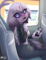 anthro anthrofied blue_sclera blush clothing eeveelution embarrassed espeon eyelashes female flashing flashing_breasts furry hair looking_at_viewer open_mouth phone pokémon_(species) pokemon rilex_lenov tamaki_(rilex_lenov)