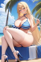 1girls ai_generated beach beach_towel bikini blonde_hair blue_and_white_striped_bikini blue_and_white_striped_panties blue_eyes breasts curvy_hair female hi_res high_heels huge_breasts large_breasts long_hair looking_at_viewer massive_breasts open_toe_shoes original original_character platform_heels stable_diffusion thick_thighs thighs wide_hips wide_thighs