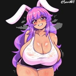1girls artist_name big_breasts black_background breasts bunny_ears bunny_girl casual clothed_female female huge_breasts light-skinned_female long_hair mole mole_on_breast purple_hair red_eyes reisen_udongein_inaba see-through see-through_clothing seireiart shorts sideboob solo solo_female sweat sweaty_body thick_thighs thighs touhou watermark