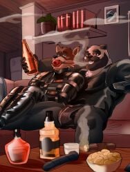2024 3:4 alcohol anthro ball_gag bear beard beverage blktigerart blowing_smoke bondage bondage bound bulge cigar clothing dildo dominant duo facial_hair furniture gag gagged giant_panda hi_res inside intimate leather leather_clothing liquor liquor_bottle male male/male mammal mature_male on_sofa procyonid raccoon red_ball_gag restraints sex_toy sitting sofa straitjacket submissive