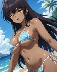 2025 ai_generated beach belly black_hair blue_bikini breasts brown_body brown_skin clouds instagram meta not_porn ocean open_mouth pekoillust pink_cheeks sky_background sun sunlight sunlight_rays tummy unknown_character unnamed_character water wet_bikini wet_body wet_skin yellow_eyes