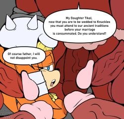 1girls big_breasts big_penis blue_eyes dialogue english_text eyelashes female female_focus imminent_oral incest multiple_boys naked orange_fur red_body sonic_(series) text tikal_the_echidna veiny_penis yungcreateart