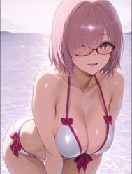 1girls ai_generated big_breasts bikini blush fate_(series) female female_only glasses hair_over_one_eye mash_kyrielight open_mouth