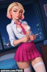 ai_generated blonde_hair gwen_stacy marvel marvel_comics pdbai school_uniform schoolgirl small_breasts spider-man:_into_the_spider-verse stripping tagme tight_clothing