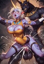 1boy 1girls ahe_gao ai_generated anthro balls big_balls big_breasts big_penis blonde_hair blush breasts canid canine canis cum cum_in_pussy cum_inside erection eyes_rolling_back female from_behind horn jackal league_of_legends male male/female muscular muscular_male nasus penis purple_skin sex soraka stomach_bulge sweat tongue tongue_out vaginal_penetration yellow_eyes