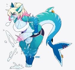 2025 accessory anthro balls blonde_hair blush bodily_fluids breasts breath camisole chromapan cleavage clenched_teeth closed_eyes clothed clothing cum cum_on_ground dolphin_shorts ear_piercing ear_ring ear_stud ejaculation fish flying_sweatdrops flynn_doral furgonomics genital_fluids genitals glistening glistening_balls glistening_body glistening_breasts glistening_genitalia glistening_penis glistening_skin gynomorph gynomorph_anthro hair hands-free hi_res intersex intersex_anthro jewelry marine notched_tail off_shoulder penis piercing ponytail ring ring_piercing shark sharp_teeth signature simple_background solo sweat sweatdrop tail tail_accessory tail_jewelry tail_ring teal_body teal_skin teeth tremble_spikes white_background