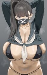 1girls alternate_breast_size arms_behind_head arms_up bikini black_bikini black_eyes black_hair black_mask black_shirt blue_archive blunt_bangs breasts cleavage clothes_lift covered_erect_nipples female highres huge_breasts long_hair long_sleeves looking_at_viewer mask mouth_mask navel oekakizuki plump ponytail sailor_collar school_uniform serafuku shirt shirt_lift simple_background skindentation solo steaming_body sukeban_(smg)_(blue_archive) swimsuit