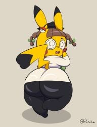 absurd_res animal_humanoid anthro ass big_breasts big_butt breasts clothed clothing cosplay_pikachu_(costume) female female_anthro fur generation_1_pokemon hair hi_res huge_breasts huge_butt huge_thighs humanoid looking_back mammal nerd nintendo pikachu pikachu_ph._d pokemon pokemon_(species) rodent ruimu_kiou short_stack simple_background solo tail thick_thighs yellow_body yellow_fur