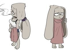 1girls black_bra bra breasts bunny_tail canela_(inkershike) cigarette coolerinker eyebags female furry huge_breasts inker_comics inkershike long_ears original original_character piercing pink_clothing rabbit rabbit_ears rabbit_girl white_shirt