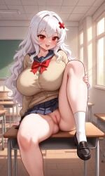 1girls ai_generated big_breasts breasts busty_female embarrassed_female erispheria exposed_pussy female_focus female_only hair_ornament hi_res high_resolution highres legs_apart legwear looking_at_viewer pussy red_eyes revealing_clothes school_uniform schoolgirl schoolgirl_uniform sitting sitting_on_chair skirt_up twitch twitter vtuber white_hair wide_hips youtube youtuber