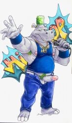 2024 absurd_res anthro armpit_hair balls belly belly_hair belly_poke biceps blue_clothing blue_shirt blue_tank_top blue_topwear body_hair bottomwear cartoon_network clothed clothing common_hippopotamus ear_piercing electronics erection feet foxfurries genitals gold_(metal) gold_jewelry gold_necklace graffiti green_hair hair hi_res hip-hop-opotamus hippopotamid hooves jewelry looking_at_viewer male mammal manly microphone musclegut muscular necklace nipples open_bottomwear open_clothing open_pants pants pecs penis penis_poking_out piercing pubes shirt simple_background slightly_chubby solo standing tank_top the_grim_adventures_of_billy_and_mandy topwear white_background wristband