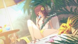 3d anus_peek beach bikini bikini_bottom_aside bikini_top_lifted boobs_out braid coral_brown_hair doki_doki_literature_club edit edited flower_in_hair green_eyes koikatsu licking_ice_cream looking_at_viewer monika_(doki_doki_literature_club) pussy_peek raised_eyebrow yellow_bikini yellow_bikini_bottom yellow_bikini_top