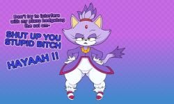 2025 absurd_res anthro blaze_the_cat checkered checkered_background domestic_cat english_text eyelashes felid feline felis female forehead_gem fur gem genitals gradient_background half-closed_eyes hands_on_hips hi_res mammal mia_(artist) narrowed_eyes pattern_background pervymarioman purple_body purple_fur pussy sega short_stack simple_background solo sonic_(series) sonic_the_hedgehog_(series) text wide_hips