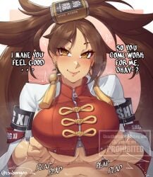 1boy 1girls blush boobjob boobs breasts breasts_squeezed_together brown_eyes brown_hair crop_top earrings english_text female female_focus guilty_gear guilty_gear_strive heart highres huge_breasts isabongos jewelry kuradoberi_jam looking_at_viewer male male/female onomatopoeia paizuri paizuri_under_clothes penis penis_peek plap pov pov_crotch smile solo_focus sound_effects tassel tassel_earrings twintails underboob zipper zipper_pull_tab