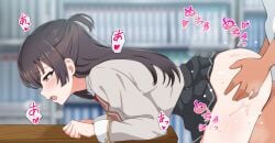 1boy black_hair black_skirt blurry blurry_background blush clothed_sex commentary_request female grey_shirt highres indoors long_hair long_sleeves male open_mouth purple_eyes radio_(mei99) school_uniform seiren_academy_school_uniform sex sex_from_behind shirt skirt straight suou_yuki sweat tokidoki_bosotto_roshia-go_de_dereru_tonari_no_alya-san