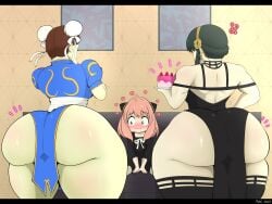 3girls anya_forger ass ass_bigger_than_head big_ass black_hair brown_hair bubble_ass bubble_butt cake capcom chocolate_cake_gameboy_and_me chun-li clothed clothing crossover exposed_ass female female_focus female_only green_eyes hassdr4w heart heart_symbol huge_ass indoors looking_at_another looking_at_partner looking_down milf pink_hair reference sitting spy_x_family street_fighter tagme yor_briar yor_forger