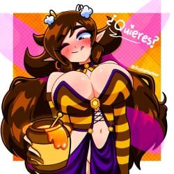bee bee_girl big_breasts breasts brown_hair female honey_(food) licking_lips susie_(susiehatter) susiehatter voluptuous_female