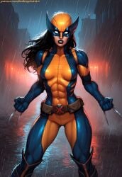 abs abs_visible_through_clothing aggressive aggressive_female ai_generated athletic athletic_female belt black_hair black_lipstick bodysuit breasts claws dark_lipstick fit fit_female laura_kinney long_hair looking_at_viewer marvel marvel_comics mask muscular_abs pussy_bulge rain rainbow_six redbisycle standing superheroine thick_thighs toned_arms toned_belly toned_body toned_female toned_legs toned_stomach wet white_eyes wolverine_(x-23) x-23 x-men yellow_bodysuit